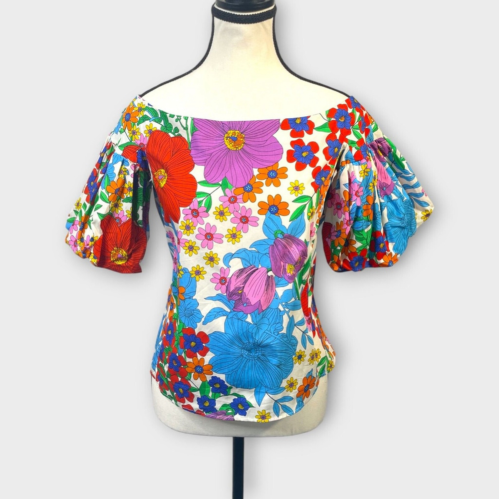 H&M Floral Print Womans Top Bright Flowers Garden Puff Sleeve 100% Cotton SZ 4